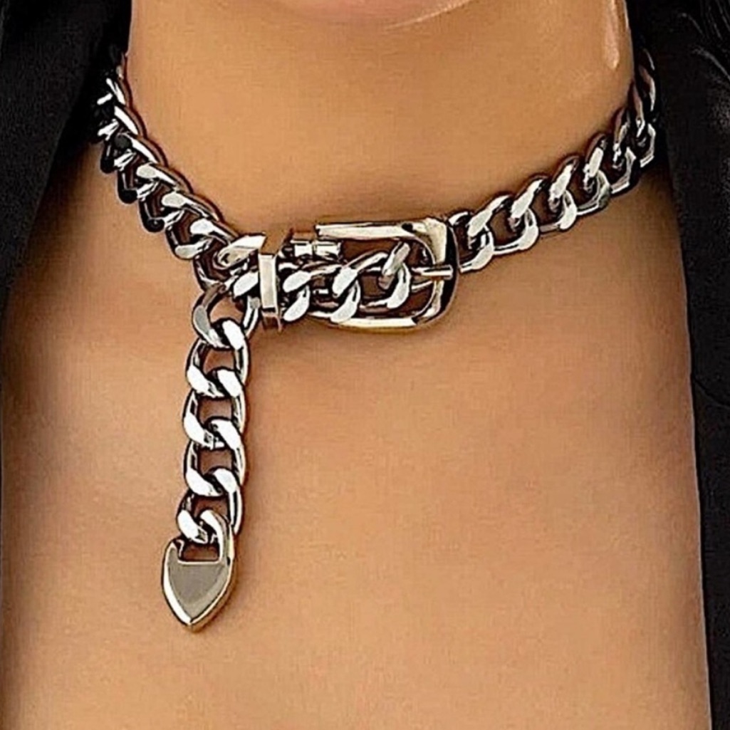 Silver Belt Buckle Design Exaggerated Choker Necklace New 65$